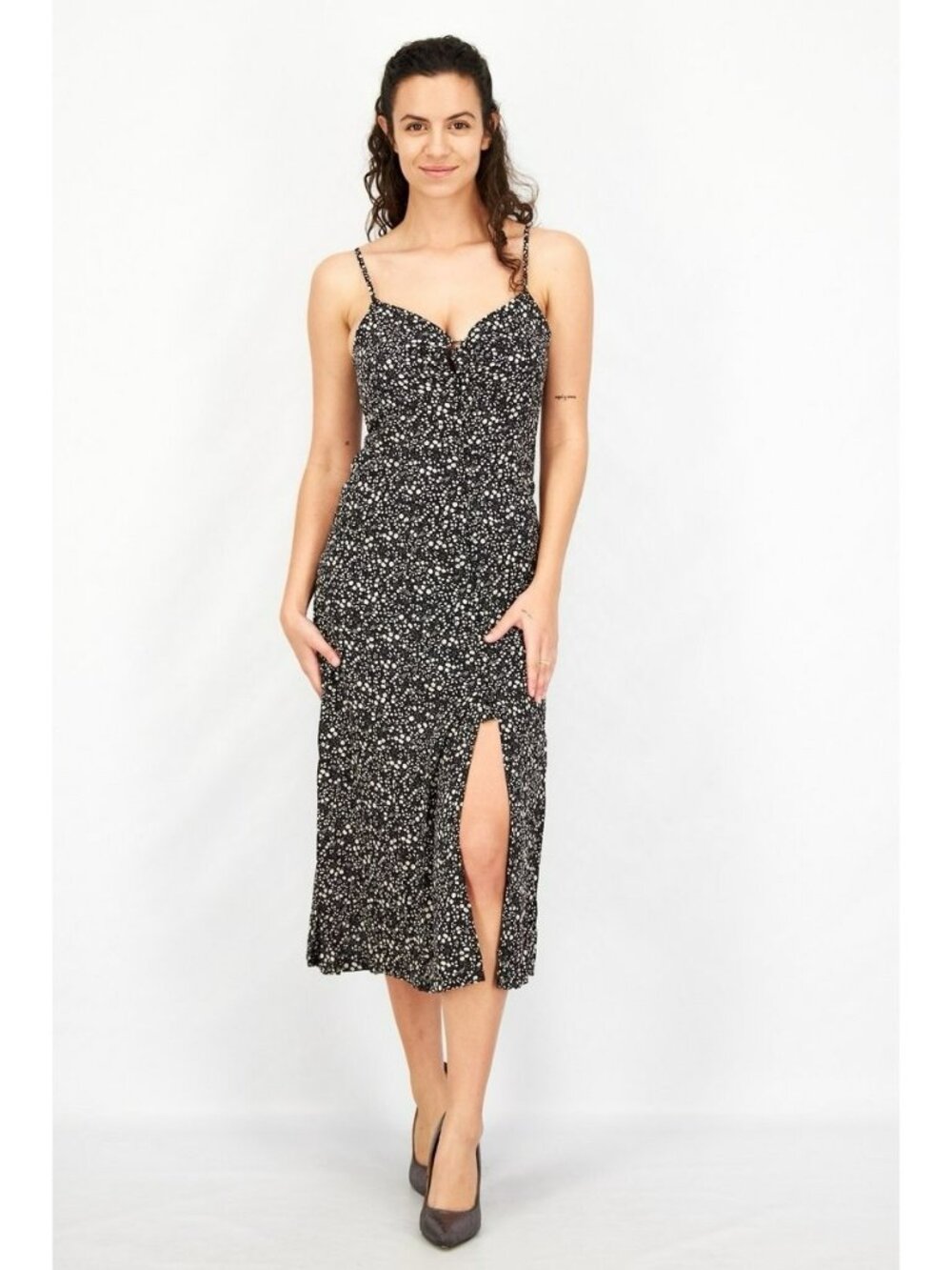 GRADE & GATHER Womens Small Floral Print Midi Dress Black White Combo Slit